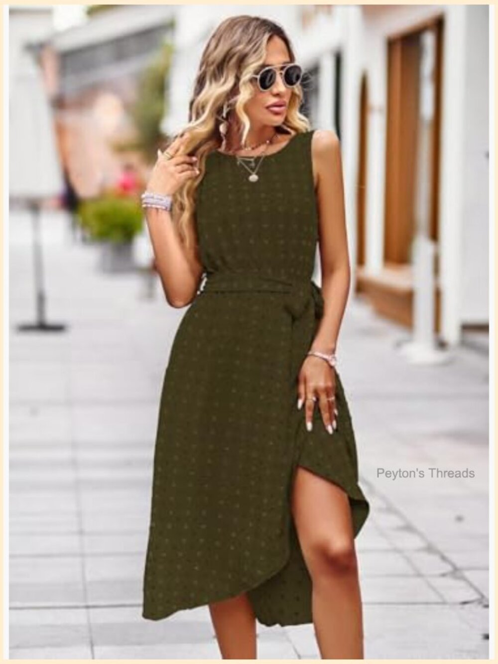 Belted Sleeveless Split Midi Dress with Pockets Crew Neck Boho Sundress - Picture 4 of 7